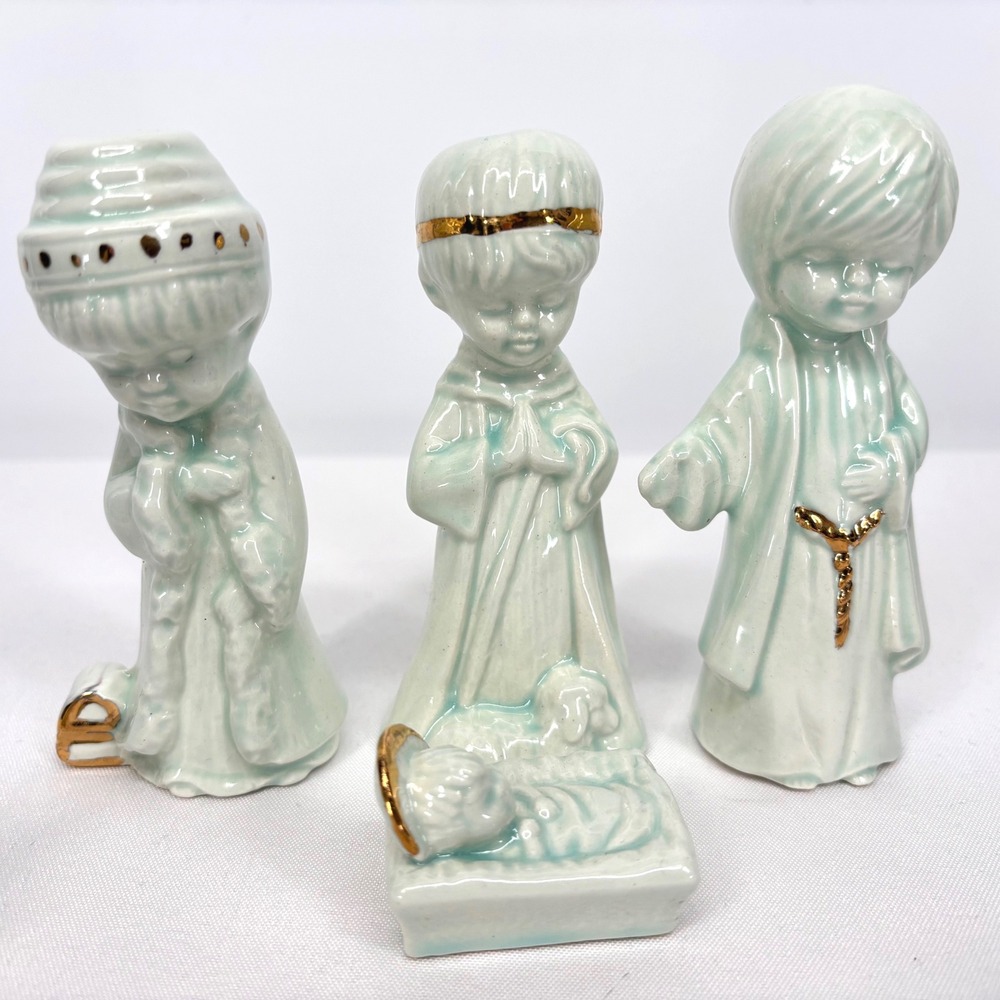 Vintage 80s Duncan Blue Glaze Iridescent Nativity 11 Piece Set Hand Painted Gold